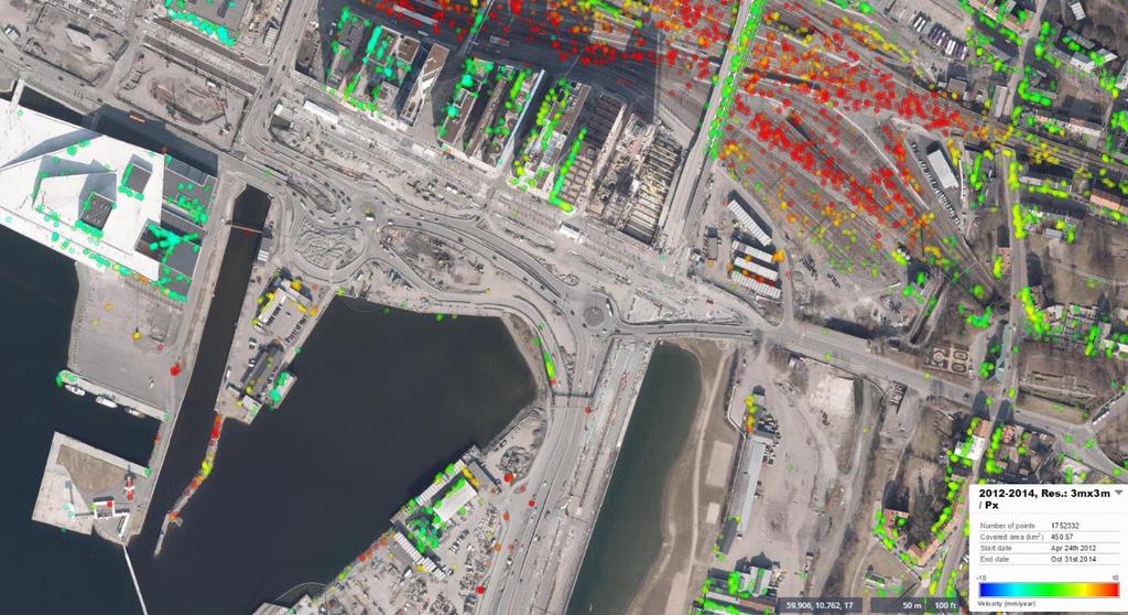 analysen. Rød farge viser en hastighet på 10mm/år bort fra radaren (nedsynking retning 36 O fra vertikalen) og mørkblå 10mm/år mot radaren. Figur 14.