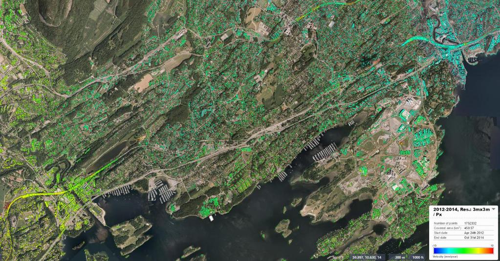 Figur 17. Illustrasjon InSAR målepunkt Vestkorridoren. Figur 18 viser område rett vest for Lysaker.