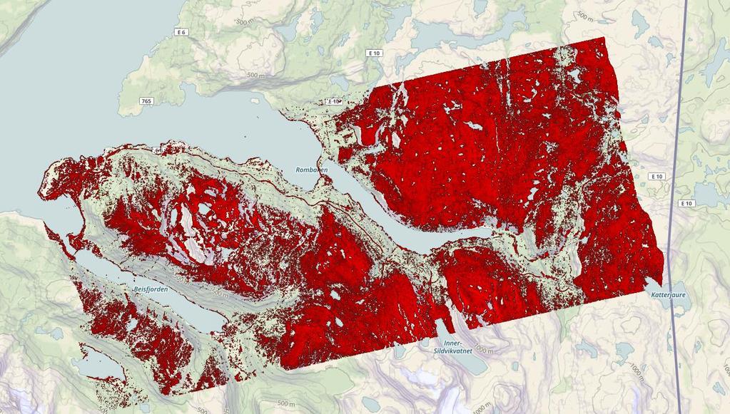 7.3 InSAR resultat Ofotbanen De rødfargete områdene i Figur 21 under viser det område hvor estimering av deformasjonsmålinger ble gjennomført i prosjektet. Ca. 1.