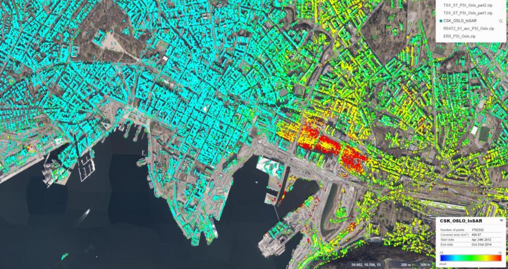 Figur 29. InSAR resultater i sentrale deler av Oslo produsert ved bruk av radarmålinger fra satellittene Cosmo- SkyMed med en oppløsning på radarmålingene som er 3mx3m per piksel. Figur 30.