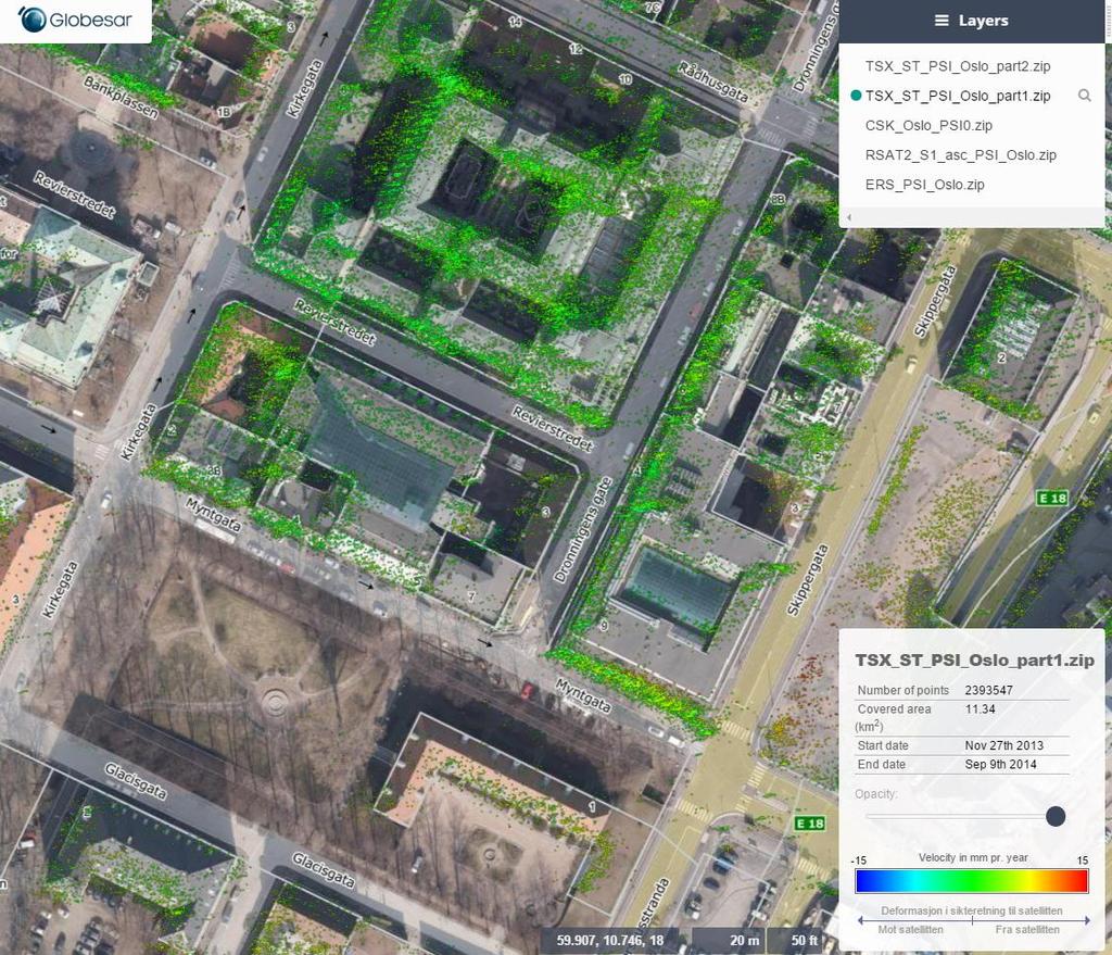 Figur 34. InSAR resultater med fokus på bygging ved krysset Kirkegata og Myntgata i Oslo.