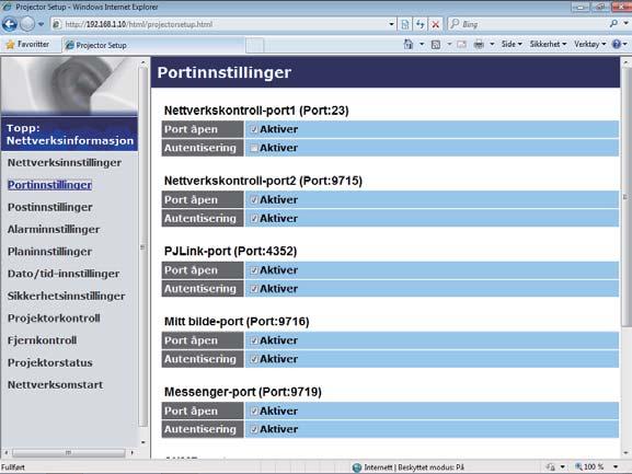 7. Andre funksjoner 7.4 Kommandokontroll via nettverket Du kan konfigurere og kontrollere projektoren via nettverket ved bruk av RS-232C kommandoer.