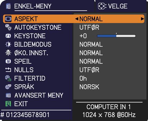 ENKEL-MENY ENKEL-MENY Fra ENKEL-MENY kan man utføre de punktene som vises i tabellen nedenfor. Velg et element ved å bruke / markørknappene. Utfør det så i henhold til følgende tabell.