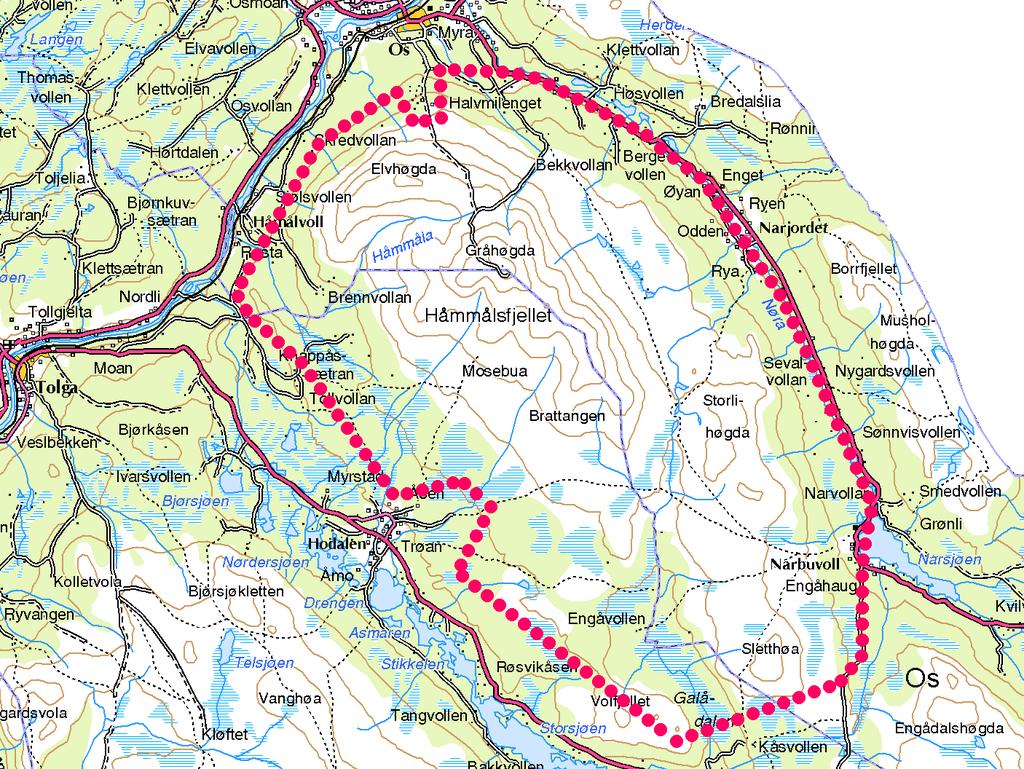 3. OMTALE AV KARTLEGGINGSOMRÅDET 3.1 Oversikt Det kartlagte området kring Håmmålsfjellet er 219 km² og ligg nord i Hedmark fylke, mellom Os og Tolga kommunar (om lag halvdelen i kvar kommune).