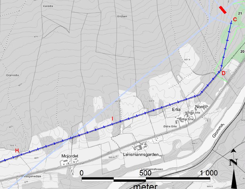 Frem til Erlia vil ikke ledningen være særlig synlig fra vei eller bebyggelse. Tolga kommune har bedt om at ledningen kables forbi Erlia grunnet visuelle hensyn.