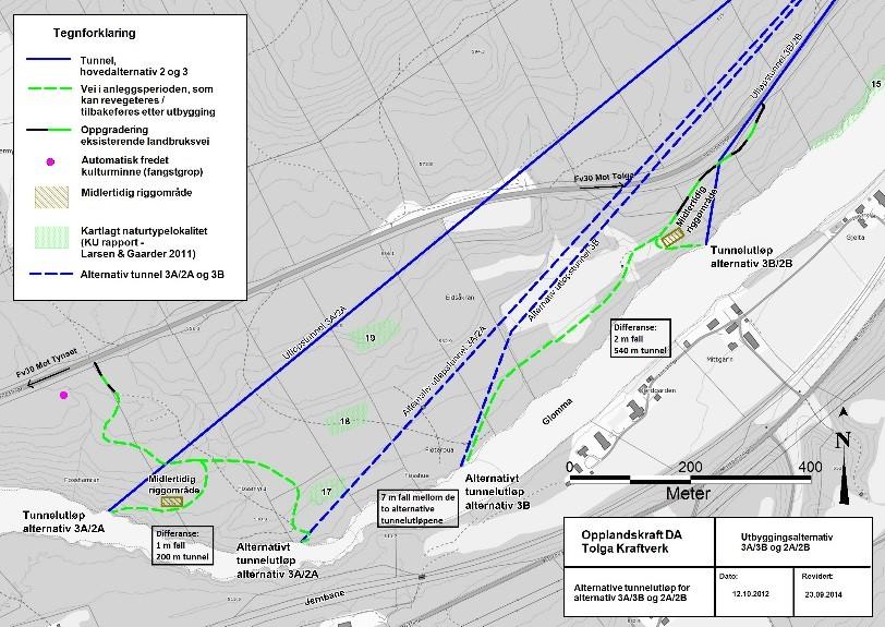 Figur 5 Tiltakshavers forslag til alternative tunnelutløp NINA påpeker at det er viktig at man har en definert og konsentrert vannstrøm forbi kraftverksutløpet for å unngå at fisken tiltrekkes