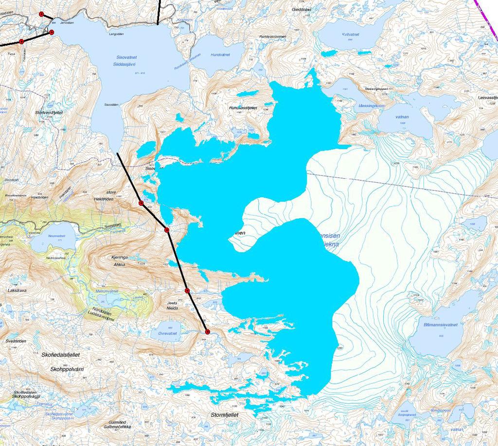 Rundvassbreens areal og hele brearealet som drenerer til Sisovatn, som er 1:4,8. Bresmelting til Sisovatn anslås dermed til 26 GWh over normalen på 159 GWh.