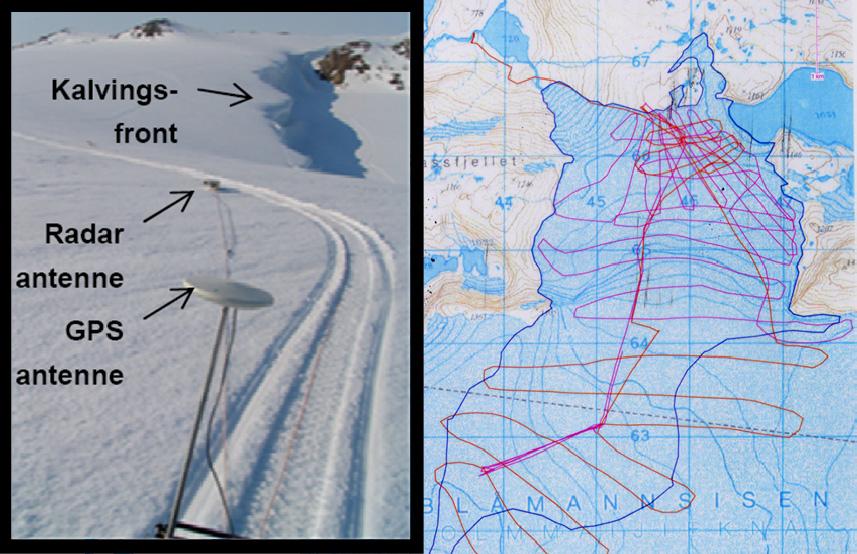 Figur 13. Måling av breoverflatas høyde og breens tykkelse. Dette er gjort samtidig med GPS og breradar (dekning er vist i kartet) som taues etter en snøskuter. Rundvassbreen vises med blå linjer. 7.