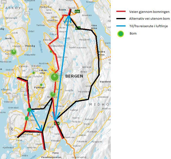 alternativene har en reisetid uten trafikk på henholdsvis 36- og 42 minutter.