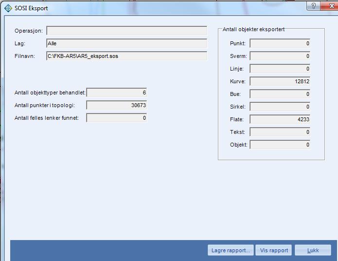 SOSI-eksport er ferdig: Trykk OK og lagre dokumentasjon av eksporten, knapp Sjekk rapportfila. Hvis det er feil i WinMap-basen er det ikke sikkert alle objektene er blitt eksportert.