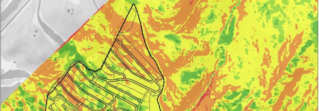 Tett utbygging i bratt terreng Utbygginga vert planlagt lang opp i bakkane, i til dels bratt terreng med helling på 1:3 og brattare.
