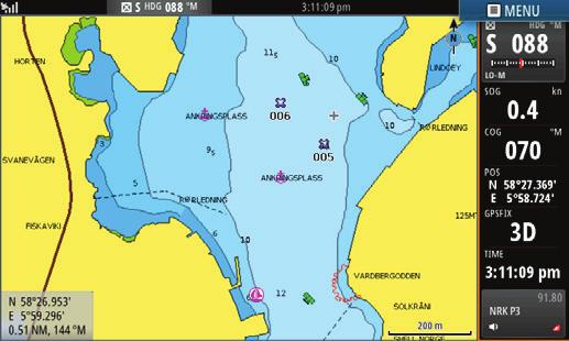 Juster gain (styrke), sea clutter (sjøstøy) og rain clutter (regnstøy)