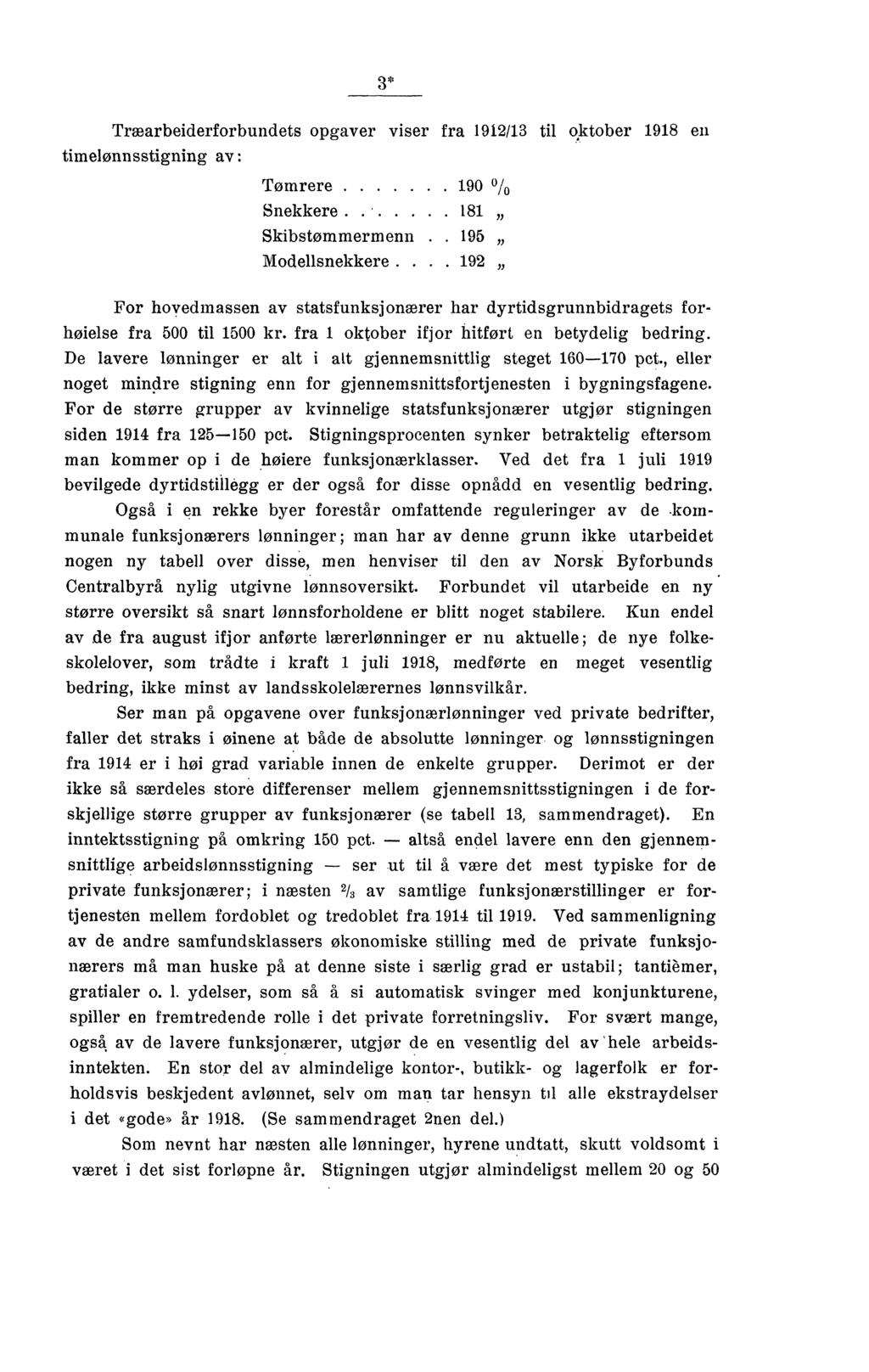 3* Træarbeiderforbundets opgaver viser fra 1912/13 til oktober 1918 en timelønnsstigning av : Tømrere 190 0/0 Snekkere 181 Skibstømmermenn 195 Modellsnekkere.