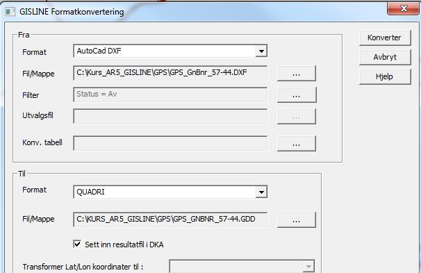 Hak av for Sett inn resultatfil i DKA og trykk Konverter. 3. Etter import - Tegn opp Gps-linja med «Tegn alt regelen».