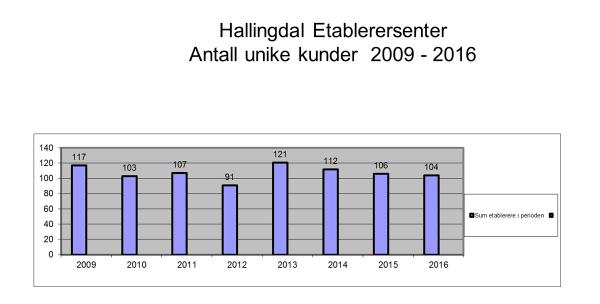 etablerersenteret. I 2016 ble det gitt i veiledning til 104 unike brukere, med ulike forretningsideer. Dette er omtrent som gjennomsnittet (107 brukere) for perioden 2010-2015.