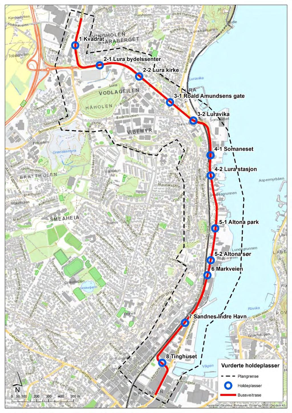 Side 14 av 56 5 Alternativ plassering av holdeplasser Med bakgrunn i at traséen for bussveien har blitt endret og fordi det er varierende avstand mellom foreslåtte holdeplasser, er det behov for å se