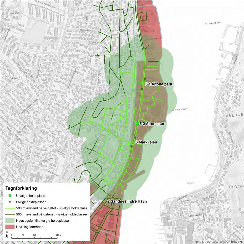 Side 39 av 56 Figur 11-2 Tilgjengeligheten og nedslagsfeltet til Altona sør 11.3 Passasjergrunnlag Figur 11-2 viser flatedekningen for transformasjonsområdet ved Altona sør.