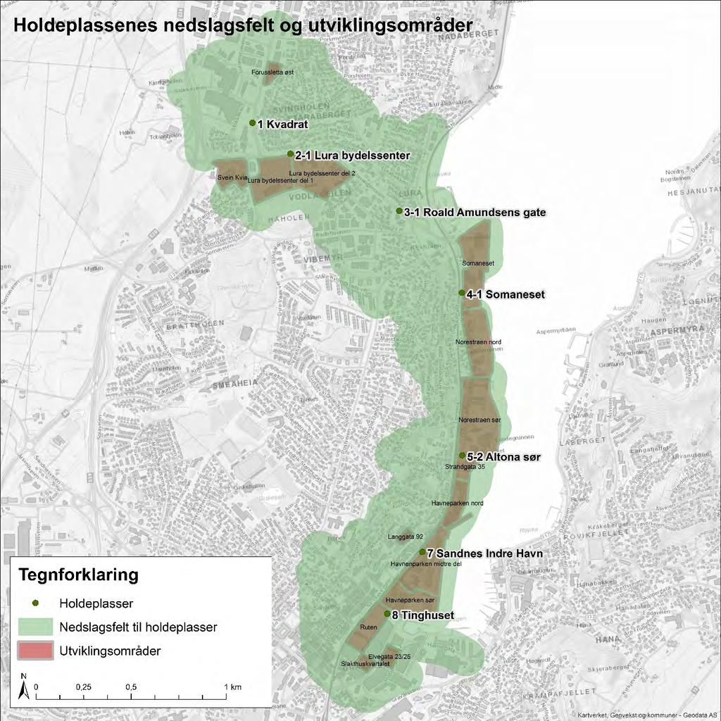 Side 5 av 56 Mellom Sandnes havn og Altona sør er avstanden lenger enn anbefalt. Det for å unngå inngrep i verneverdig bebyggelse.