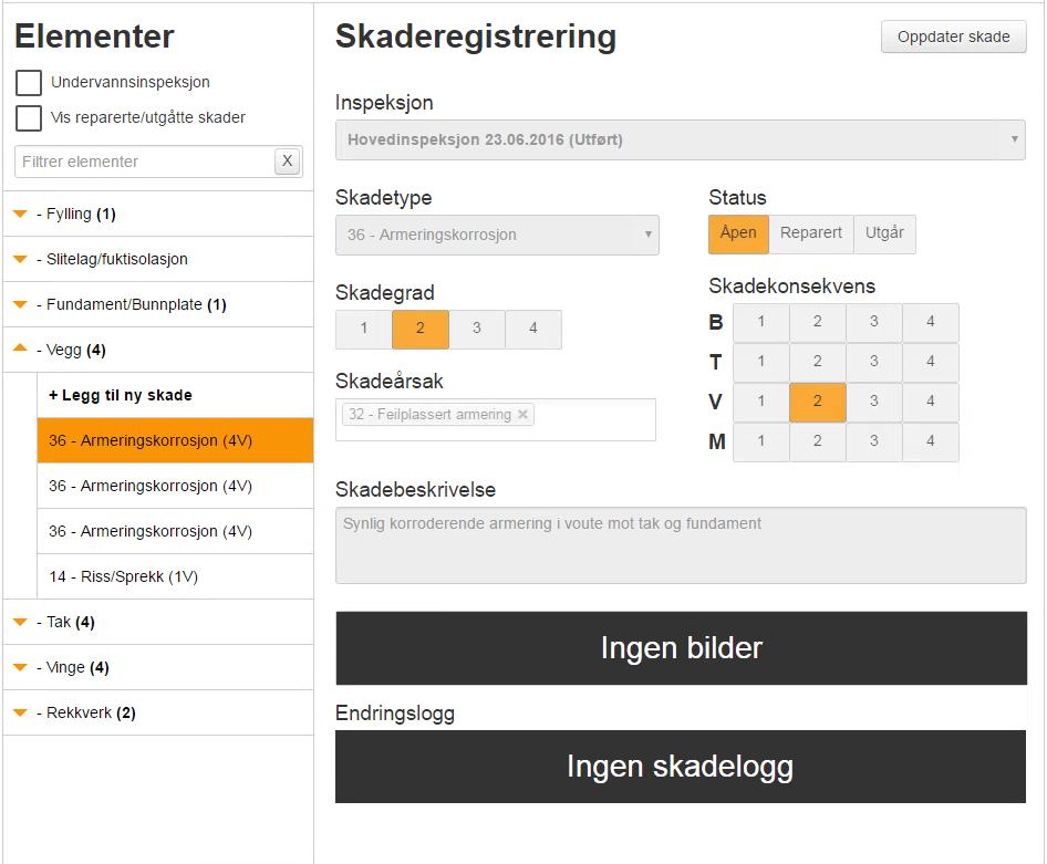 2-14: Skaderegistrering i Brutus Offline. 2.1.3.2.1 Opprette ny Skade For å opprette ny skade, trykk på + Legg til ny skade knappen under det valgte byggelementet.