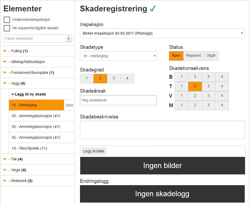 2-16: Ny skade. Gyldige felter. Nye skader kan kun legges til dersom det er en planlagt inspeksjon tilgjengelig.