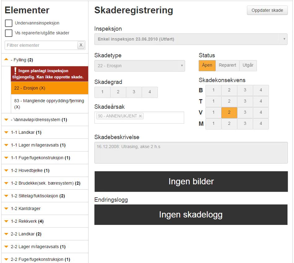 2.1.3.2.2 Slette ny Skade 2-17: Legge til ny skade uten tilgjengelig planlagt inspeksjon. Nye skader er de eneste skadene som kan slettes.