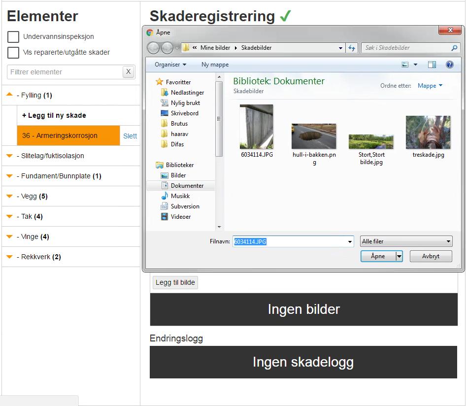 2-19: Legge bilde til skade. Når bildet er lagt til vil det vises i skaderegistrerings-skjemaet. Tittelen og beskrivelsen kan endres i feltene under bildet.