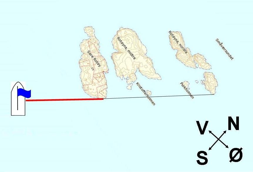 Ved runding Rotøyane om styrbord Målbåt ligger 300m SV for Søndre Rotøy med neset på Søndre Rotøy