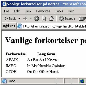 Tabell eksempel 1 <?xml version="1.0" encoding="iso-8859-1"?> <!DOCTYPE html PUBLIC "-//W3C//Dtd XHTML 1.0 Strict//EN" "http://www.w3.org/tr/xhtml1/dtd/xhtml1-strict.dtd"> <html xmlns = "http://www.