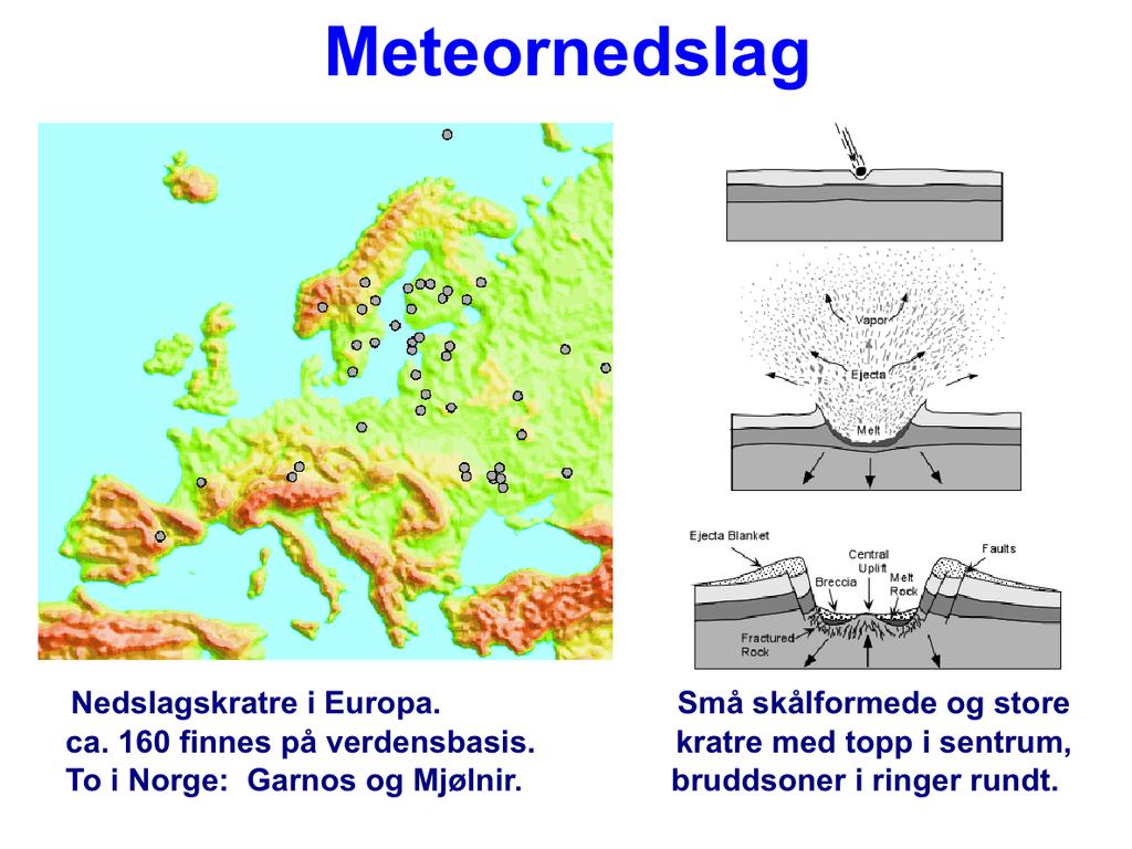 Store meteorer kan etterlate seg store nedslagskratre og være årsak til omfattende skader. Vi har tidligere vist et skjematisk kart over de om lag 160 nedslagskratrene vi kjenner på jorda.