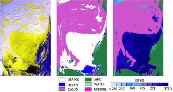 Figur 3.9 MODIS havisprodukt for polhavet nord for Sibir og Alaska 12 mai 2002. Venstre: Synlig lys. Midt: Isklasser. Høyre: Overflatetemperatur.