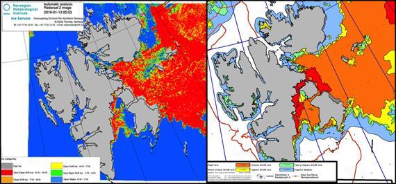Figur 4.3 Iskart fra Svalbard produsert av Meteorologisk Institutt. Vestre: Automatisk iskart for Svalbard basert på Radarsat-2 data fra 2016-01-13.