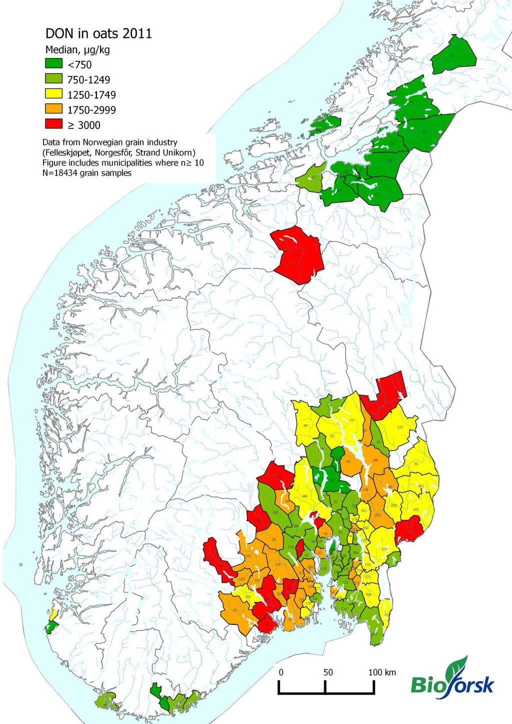 DON (deoxynivalenol) i havre 2011 median DON > 1750 µg/kg (grenseverdi