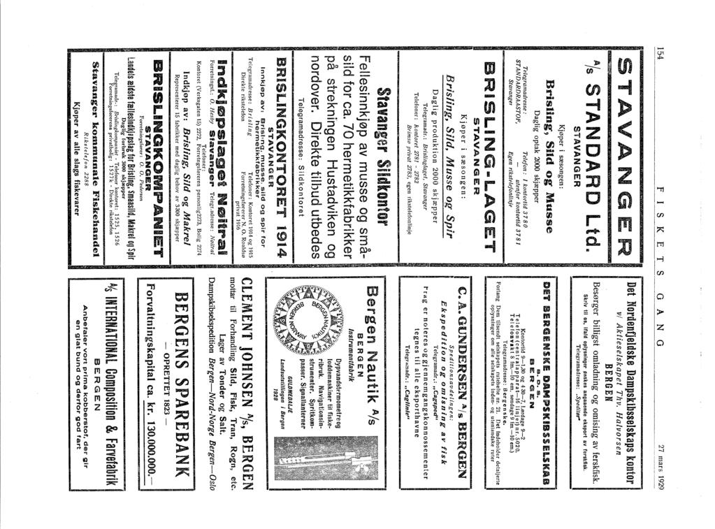 54 FSKE TS TAV N H ER Als STAN DAR D Ltd~ STAVANGER Kjøper i sæsongen: Brisling, Sild og Musse Telegramadresse : STANDARDRAASTOF, Stavangel Daglig optak 2000 skjæpper Telefon: l kontortid 378 O -