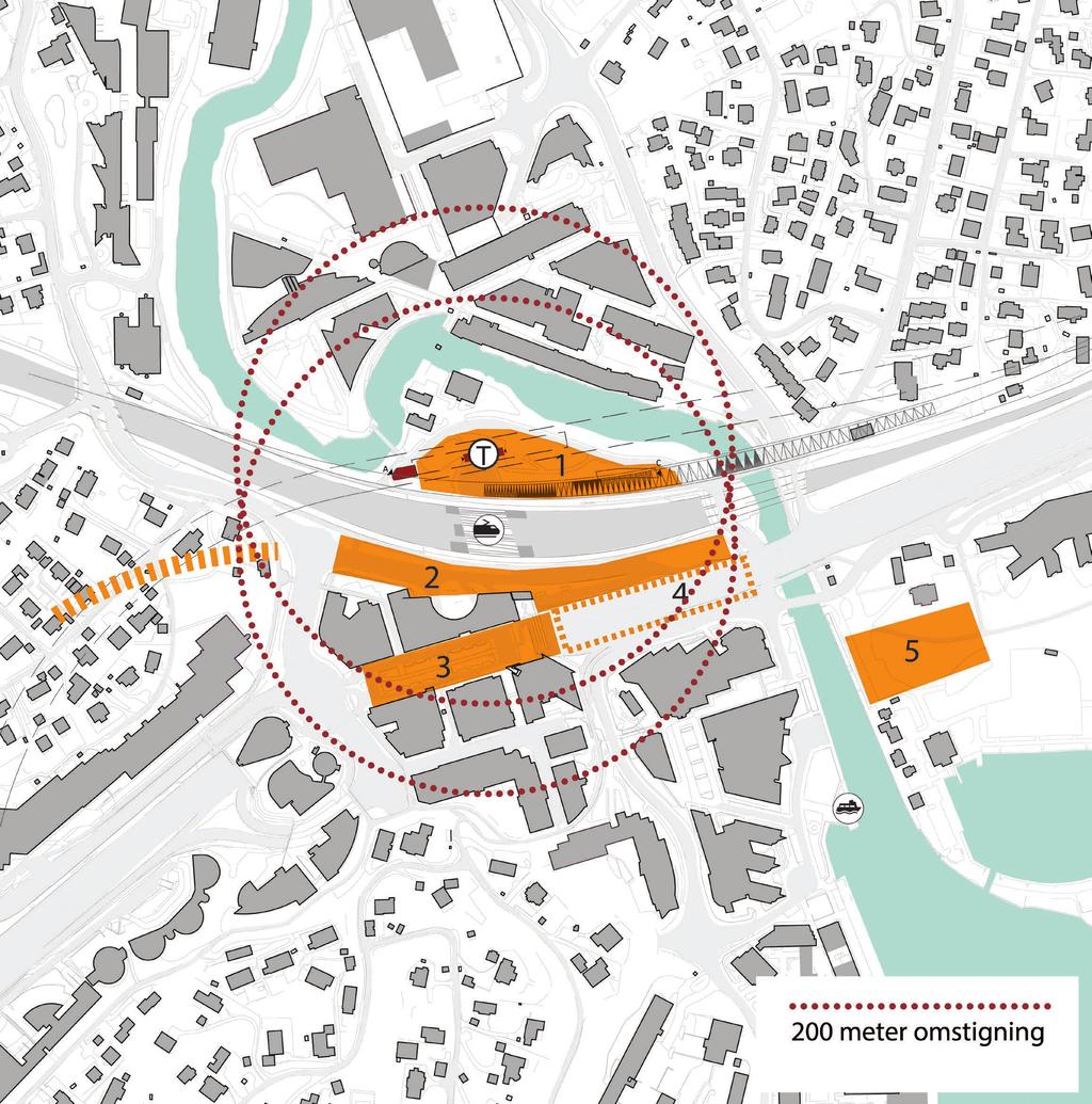 MULIGE LOKALISERINGER PÅ BAKKEPLAN 1. hon-tomta nord for jernbanen 2. Mellom jernbanen og E18 3. På Lysaker torg 4. Undet hever E18 5.