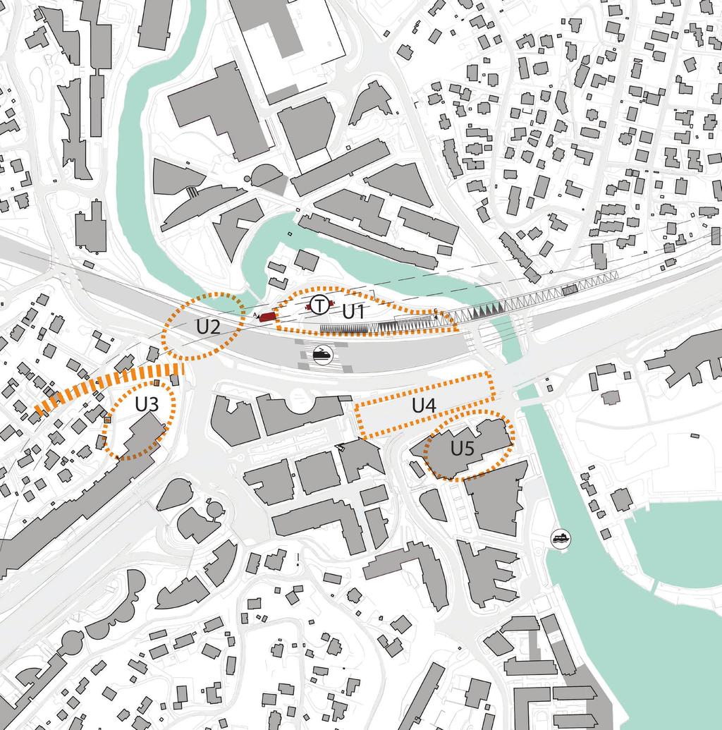 MULIGE LOKALISERINGER UNDER BAKKEPLAN U1. Under hon-tomta, over Fornebubanen U2. I fjellet, under Fornebubanen U3. I fjellet U4. Under bakken, under dagens E18 U5.