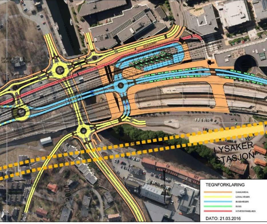 Alternativ 2(&4) - Gateterminal i på nivå med jernbaneundergangen Bussholdeplassene lokaliseres på terreng langs en streng i mellom E18 og jernbanen.