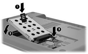 9. Trekk harddiskklaffen opp (3), koble harddiskkabelen fra hovedkortet (1) og løft harddisken ut av datamaskinen (2). Slik setter du inn en harddisk: 1.