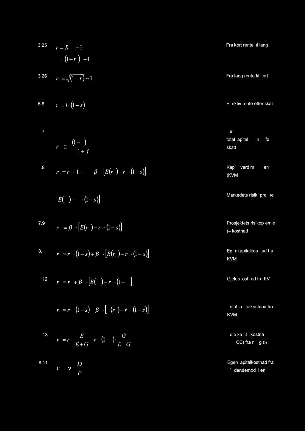 3.25 r=r,:b 1 Fra kort rente til lang =a+4y 1 3.26 r,,=b1+r -1 Fra lang rente til kort 5.8 z's=i-(1-5) Effektiv rente etter skatt 8.7 rt,. _ NL r5s)] " 1+j Reell totalkapitalkostnad skatt før 7.