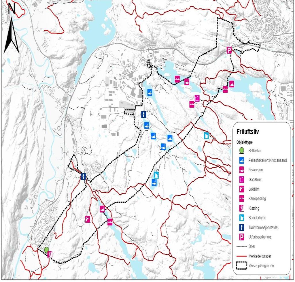 Friluftsliv Turveier/stier, driftsveier, leirplasser og fiskevann er registrert.