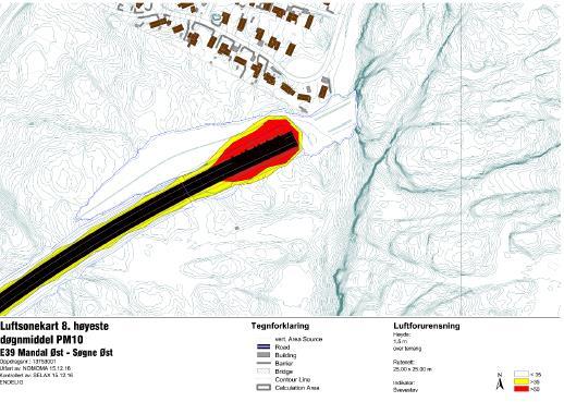 Luftforurensning Resultater av spredningsberegninger viser generelt lave luftforurensningsverdier langs den planlagte veglinjen, men forhøyde konsentrasjoner