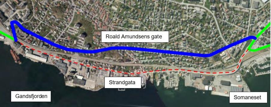 Side 9 av 38 3.6 Roald Amundsens gate Roald Amundsens gate ligger tilnærmet parallelt med Strandgata langs store deler av strekningen.