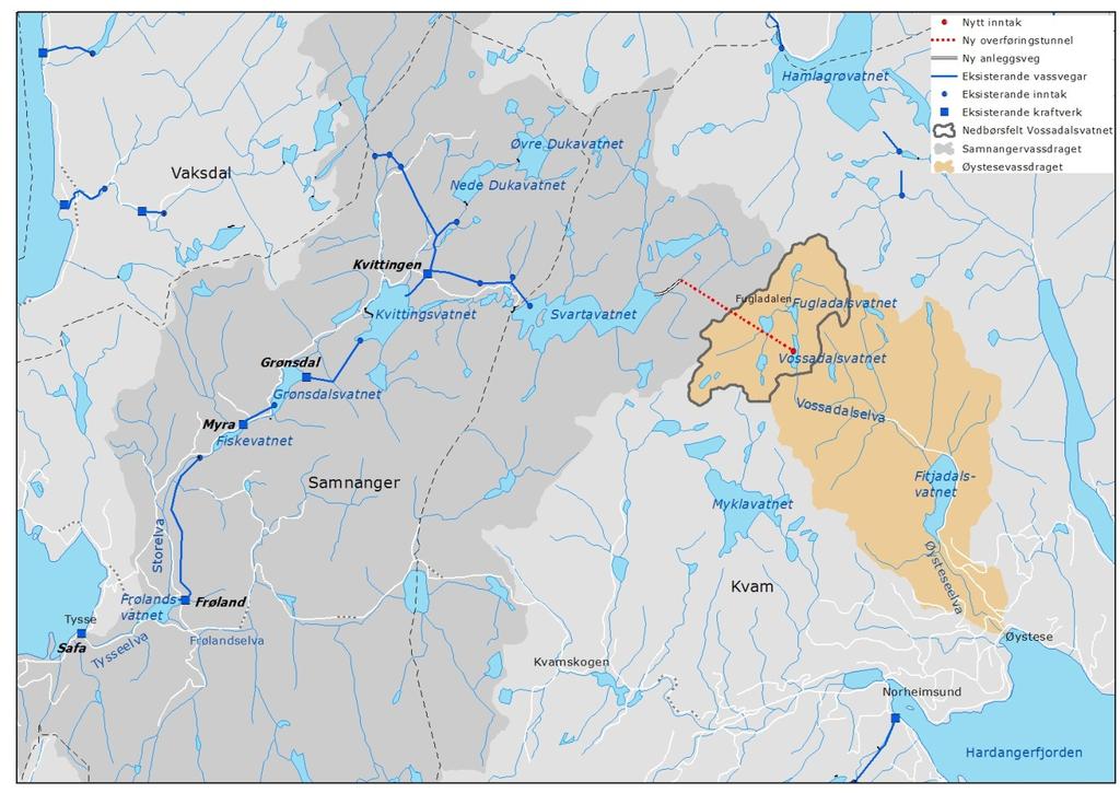 4 Tekniske planer 4.1 Om prosjektet BKK ynskjer å overføre om lag ein fjerdedel av nedbørsfeltet i Øystesevassdraget til regulert kraftproduksjon i BKK sine anlegg i Samnangervassdraget.