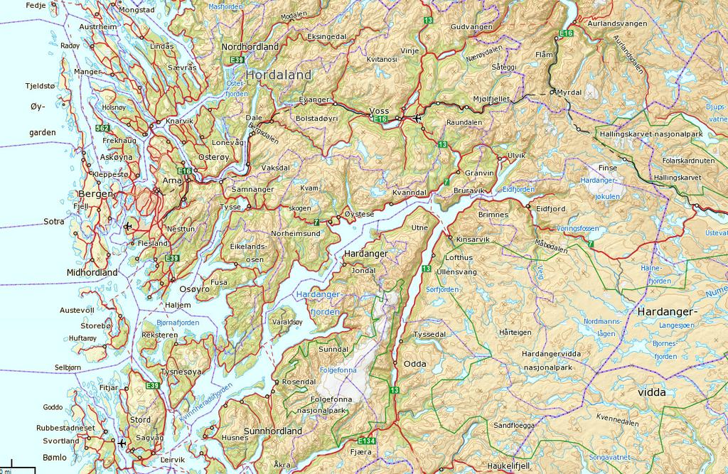5 Områdebeskrivelse Undersøkelsesområdet ligger mellom fjell og fjord i Kvam herad, fra ca 700 meter over havet ned til fjorden.