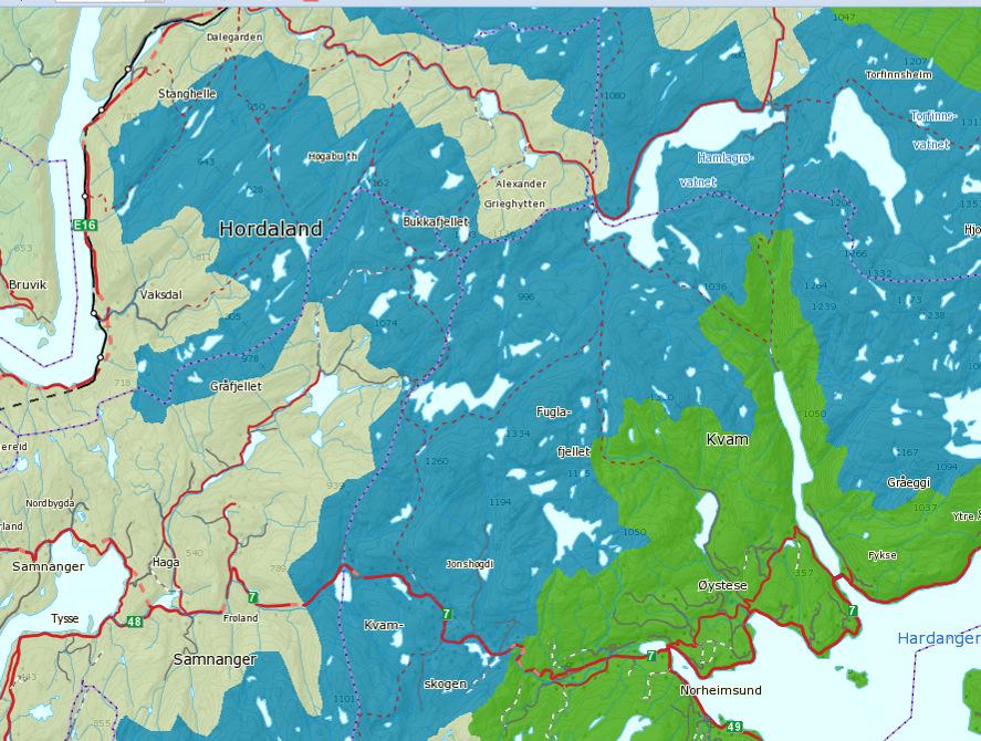 Svartavatnet Vossadalsvatnet 22.8 15.9 23.3 Figur 5-2 Planområdet ligger i Hardanger og Samnanger, i landskapsregion Lågfjellet i Sør-Norge" (kartutsnitt fra NIJOS, http://www.skogoglandskap.