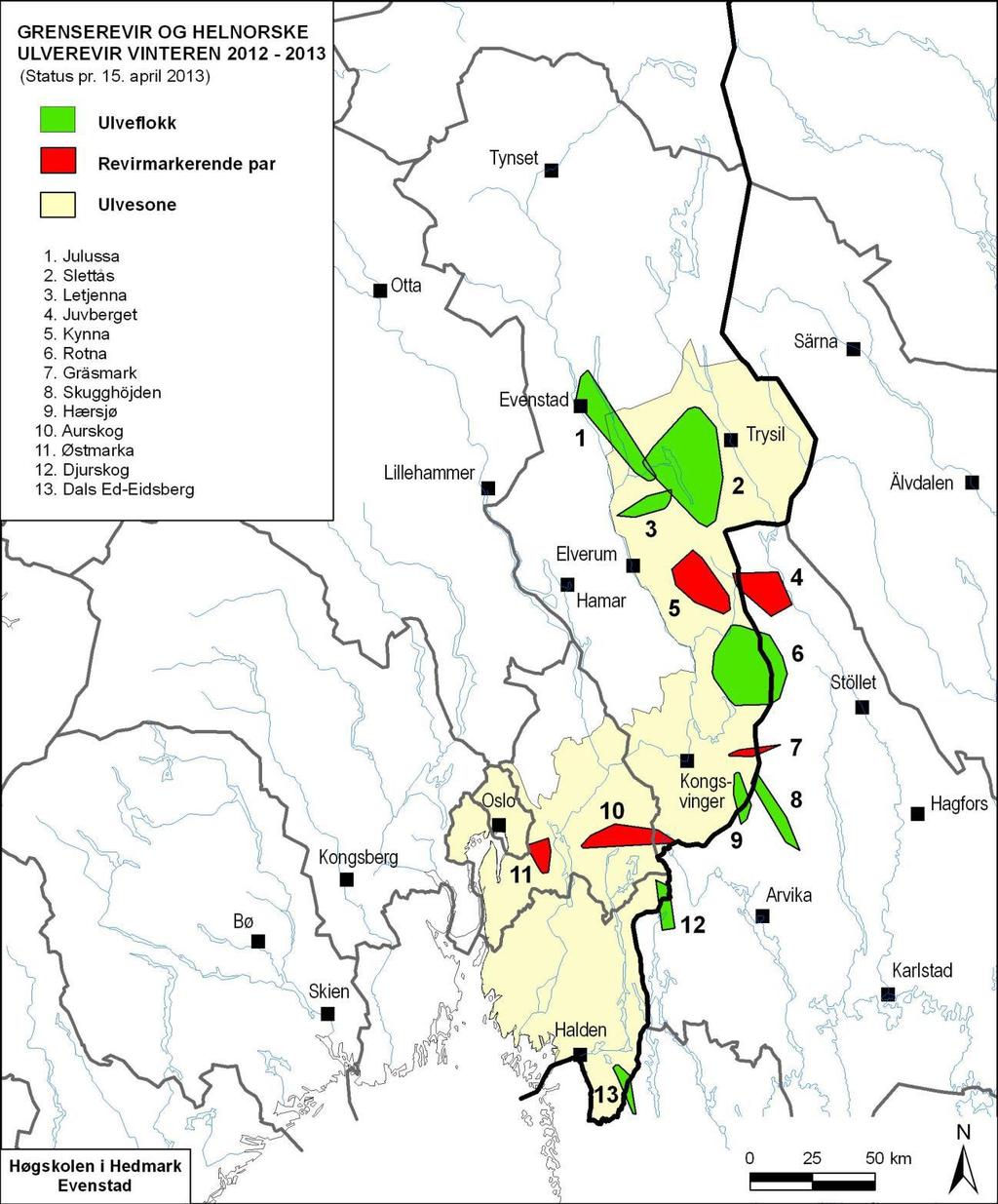 Bestandsstatus ulv Vinteren 2012-2013: 30 helnorske ulver 50 på tvers av riksgrensen 380 ± 30