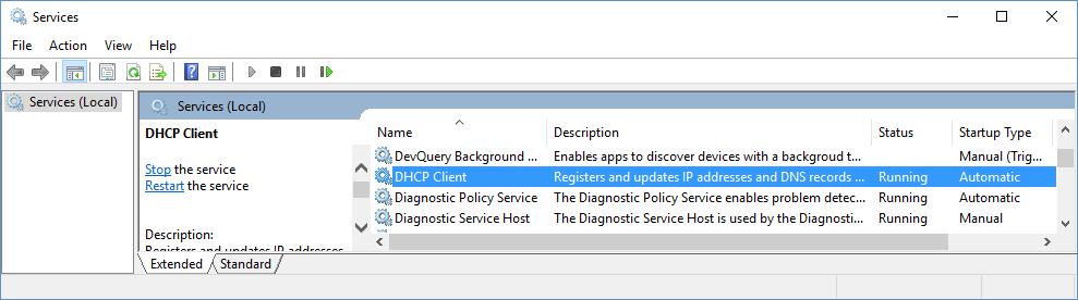 DHCP klient i Windows Kjører som en tjeneste i Windows Control Panel System and Security