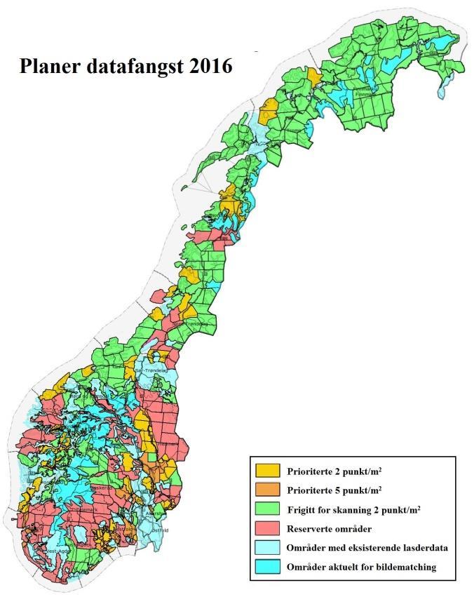 Andre områder holdes igjen som reserverte blokker (rødt) da til eksempel finansieringen for mulige områder med skanning av 5-punkt/m 2 ikke er på plass enda.