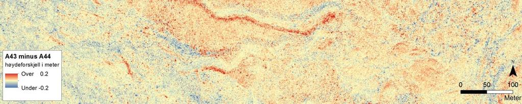 Tegnforklaringen viser at fargeverdiene er strukket. Dette kan vise mindre differanseendringer, men også fremheve naturlig støy i datasettet. Figur 3.