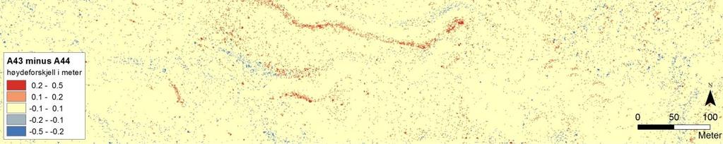 Figur 3.17 Høydedifferanse for analyseområde 1, nye tegneklasser Figur 3.18 representerer terrengmodellen for samme område, slik at informasjonen i figur 3.