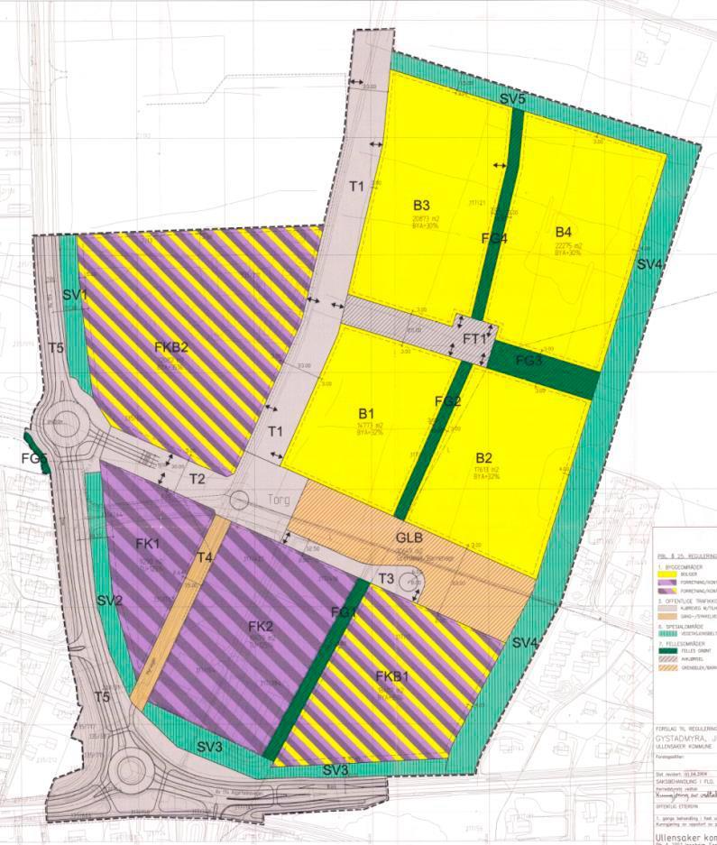 Figur 3. Gjeldende reguleringsplan for Gystadmyra Det skal avsettes min. 60 m 2 til felles uteoppholdsareal pr. boenhet, jfr. 2.11. Av disse skal min. 25 m 2 pr. boenhet være egnet til lek.